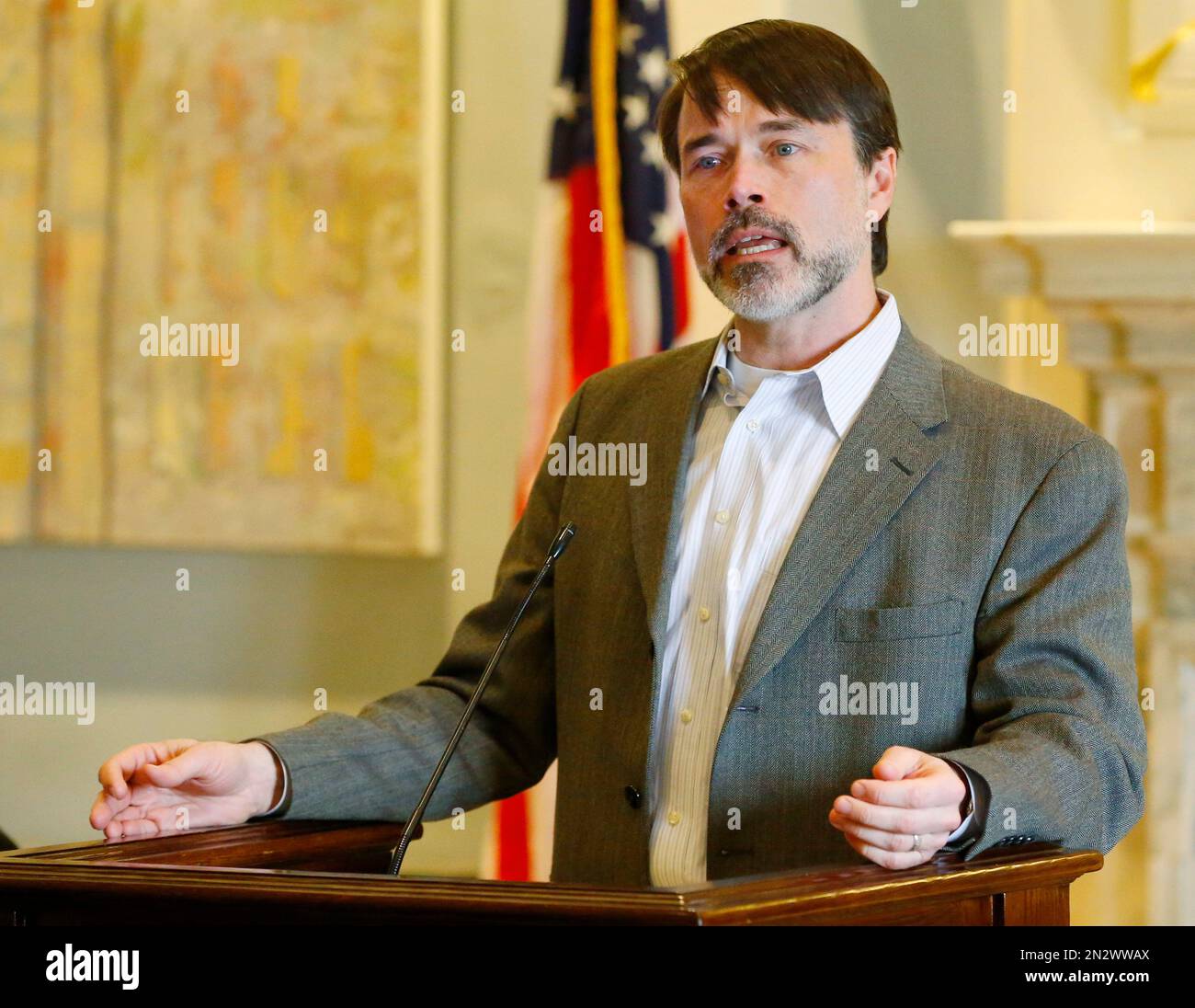 John Waldron, a Tulsa public school teacher, speaks during Muslim Day at the state Capitol in