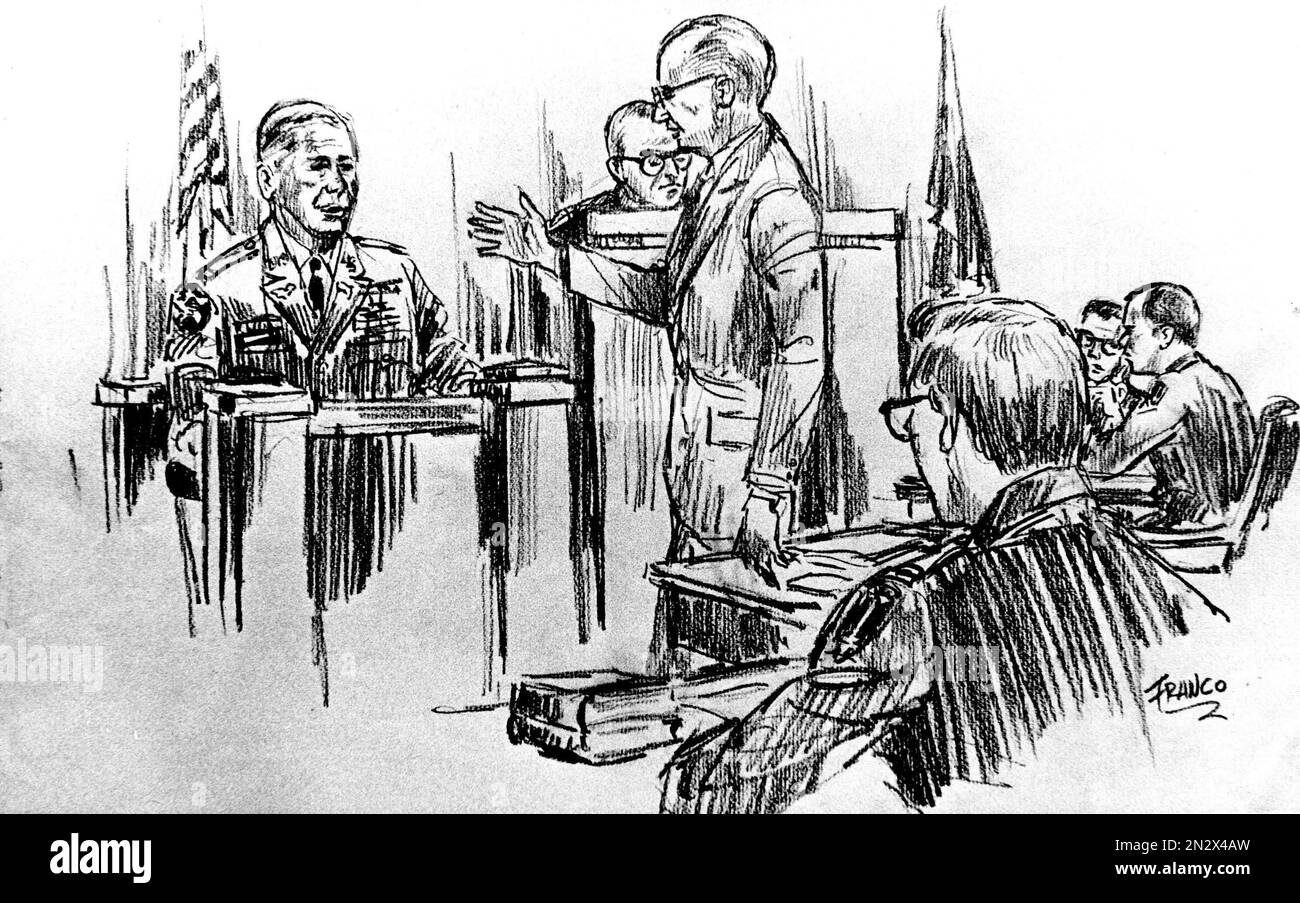Defense attorney Latimer, standing, questions Col. Lathrop, Fort