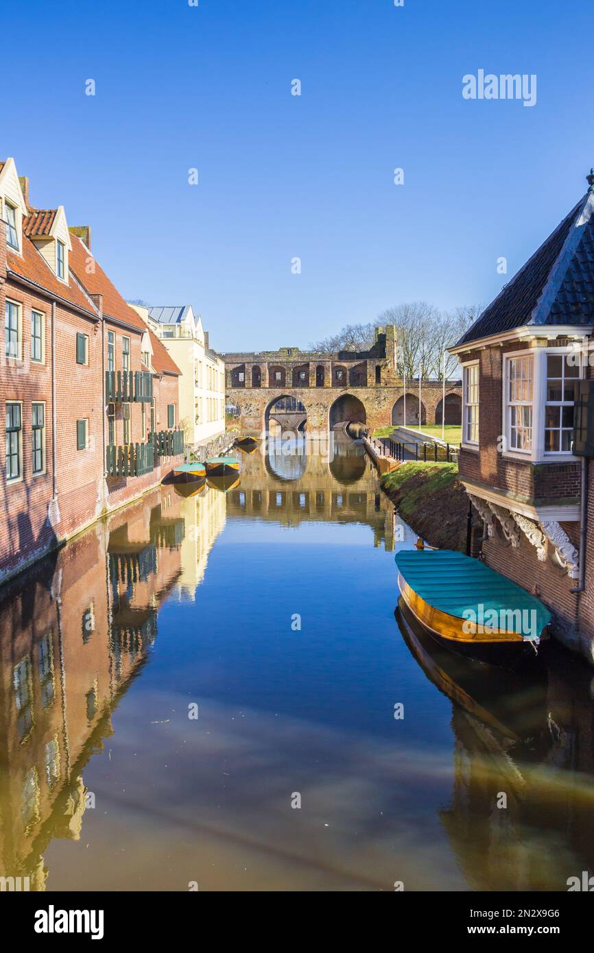 Old houses and historic city gate at the Berkel river in Zutphen