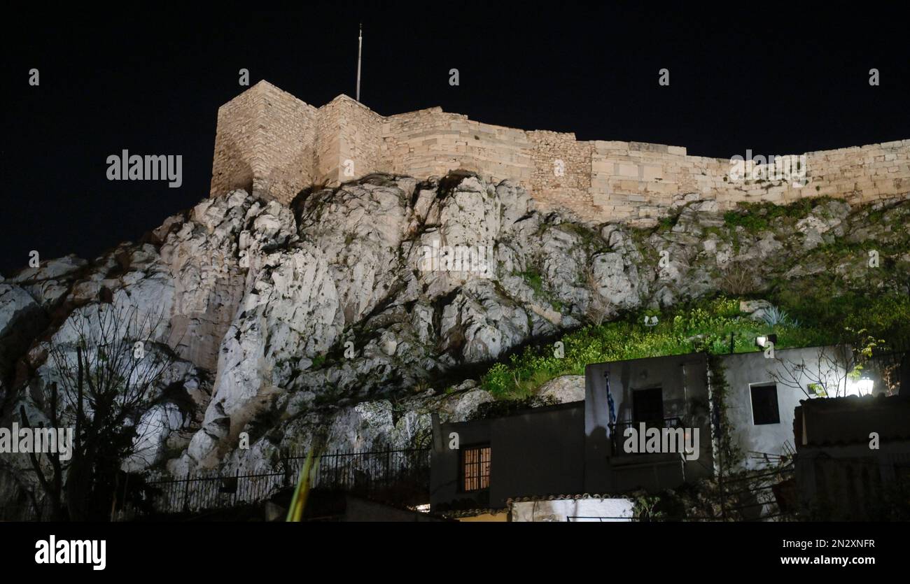 Nachtaufnahme, Hügel der Akropolis, Athen, Griechenland Stock Photo