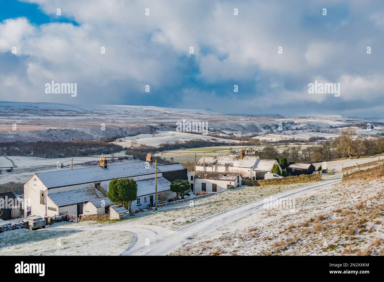 A wintry view over Arla Burn and West farms near Middleton in Teesdale towards Holwick in the distance. Stock Photo