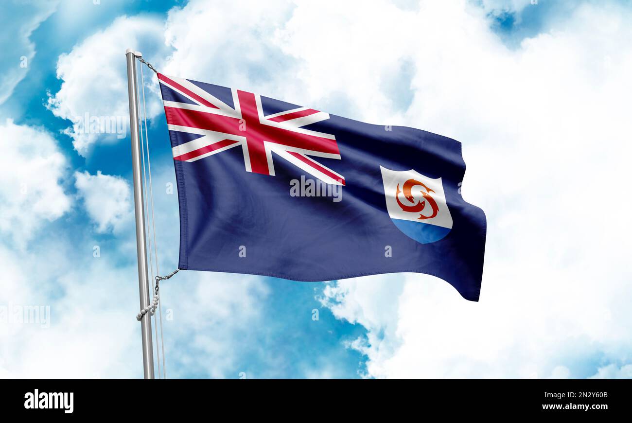 Anguilla flag waving on sky background. 3D Rendering Stock Photo - Alamy