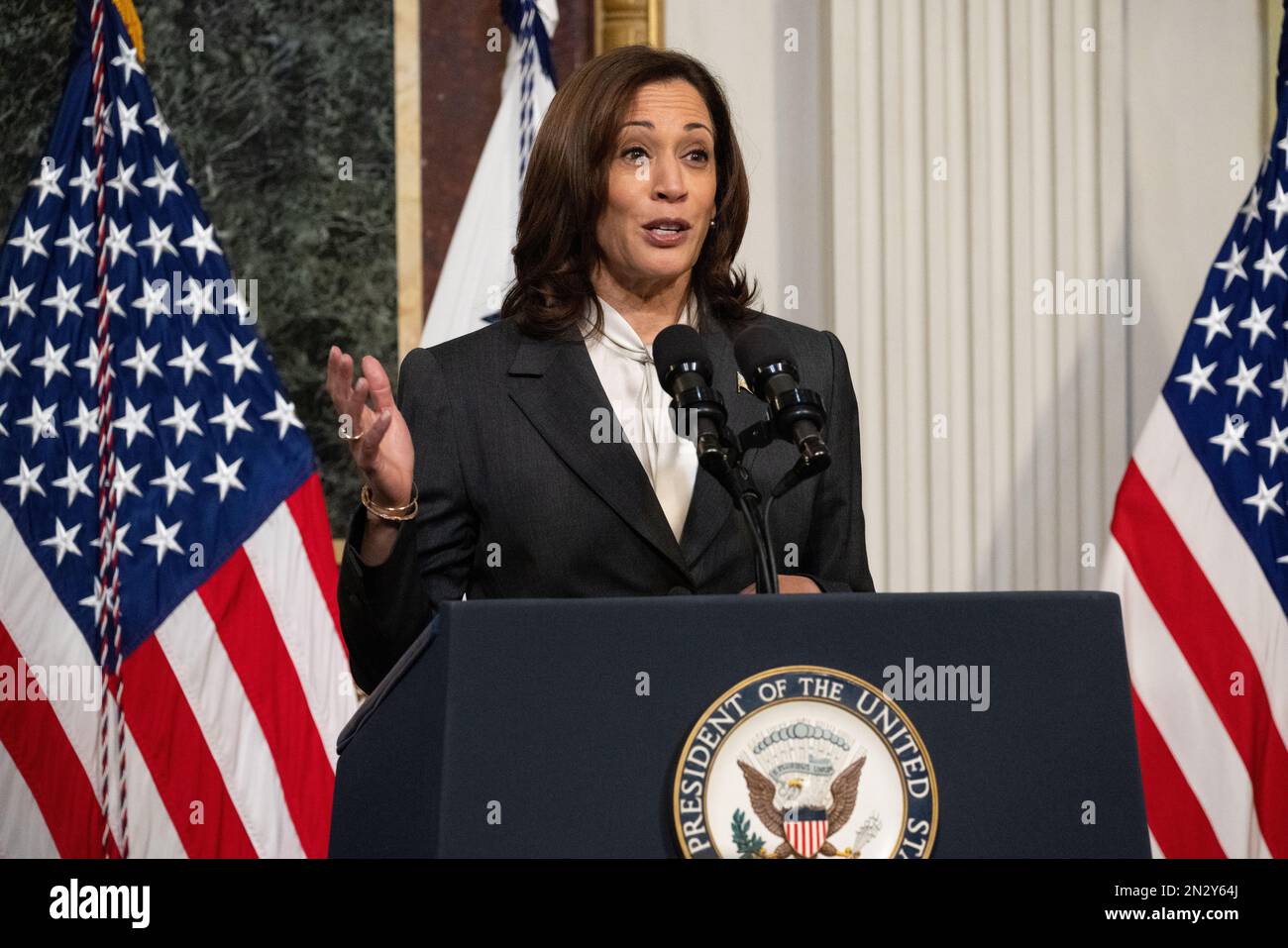 WASHINGTON DC, USA - 31 January 2023 - US Vice President Kamala Harris delivers remarks during a ceremony awarding the Congressional Space Medal of Ho Stock Photo