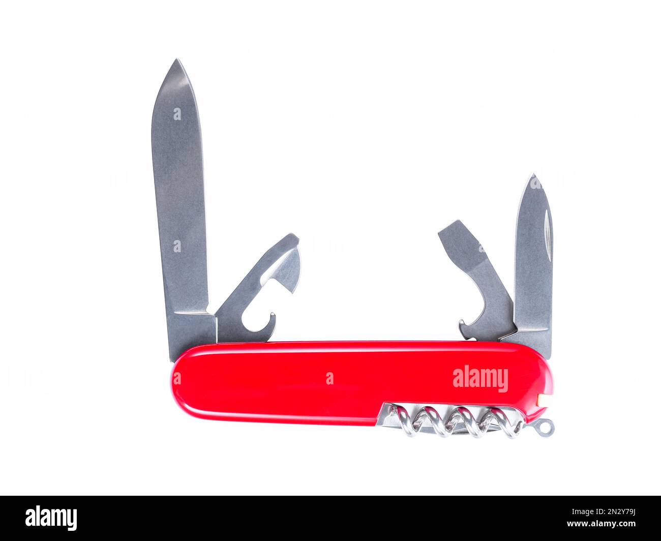 Red pocket folding knife-multitool isolated on white background Stock Photo