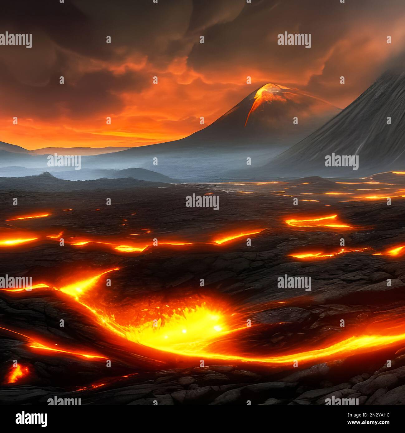 Volcano and lava flow fantasy landscape. Stock Photo