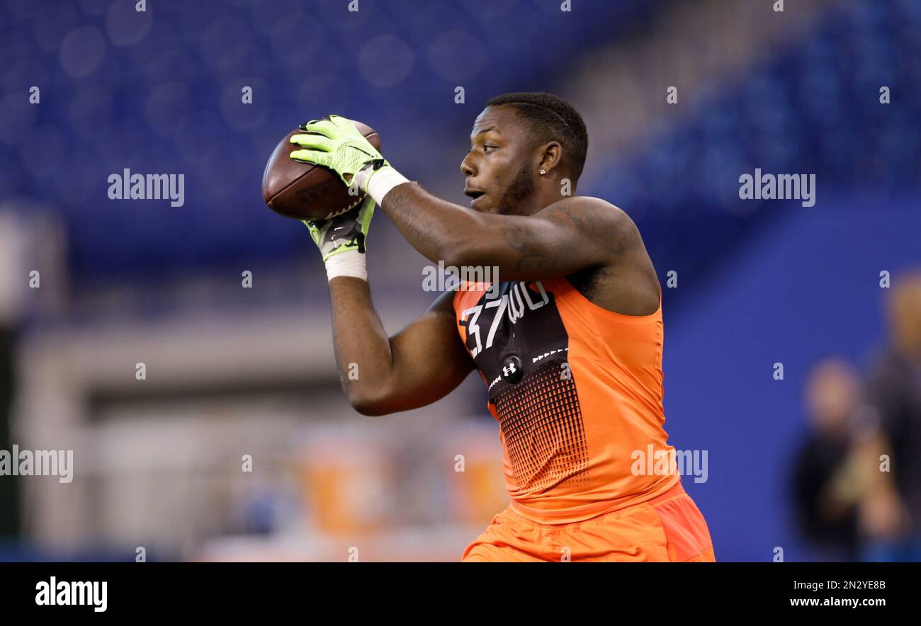 San Diego State wide receiver Ezell Ruffin runs a drill at the NFL