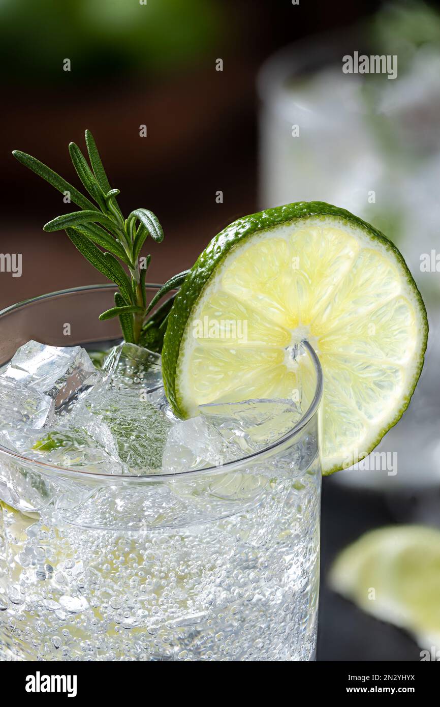 Gin and tonic cocktail with ice, lime slice and rosemary. Closeup with