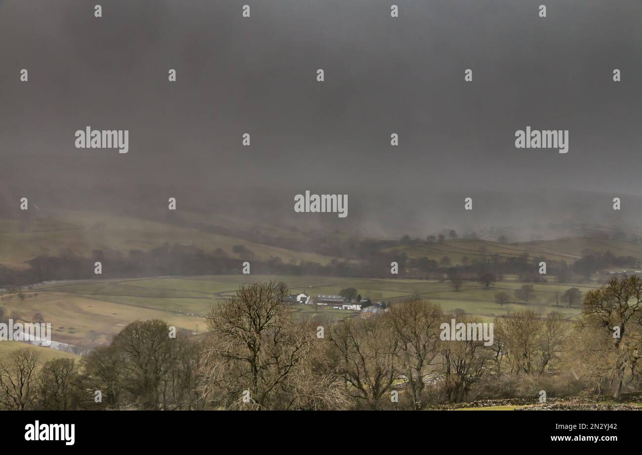 A heavy snow squall moves down the dale over Newbiggin, Teesdale Stock Photo
