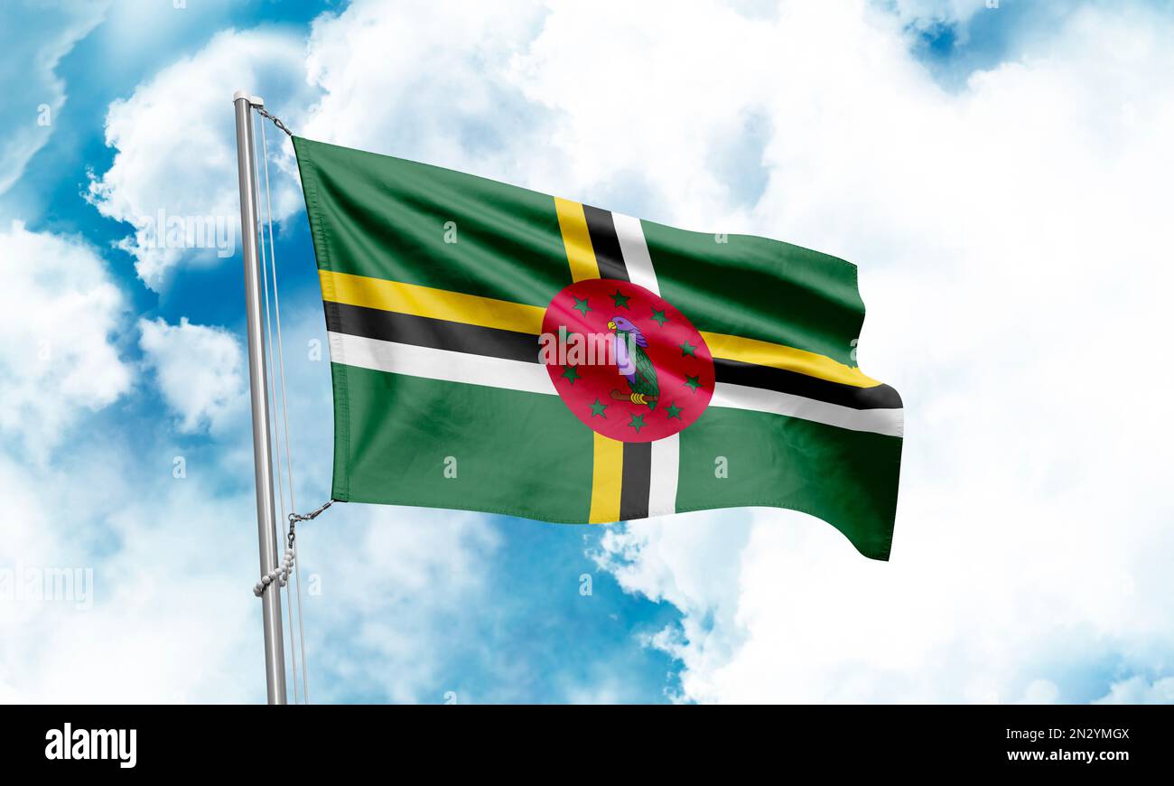 Dominica flag waving on sky background. 3D Rendering Stock Photo - Alamy