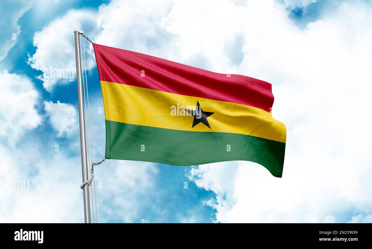 Ghana flag waving on sky background. 3D Rendering Stock Photo