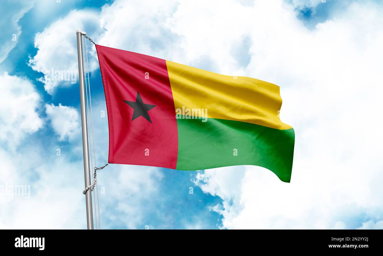 Guinea-Bissau flag waving on sky background. 3D Rendering Stock Photo ...