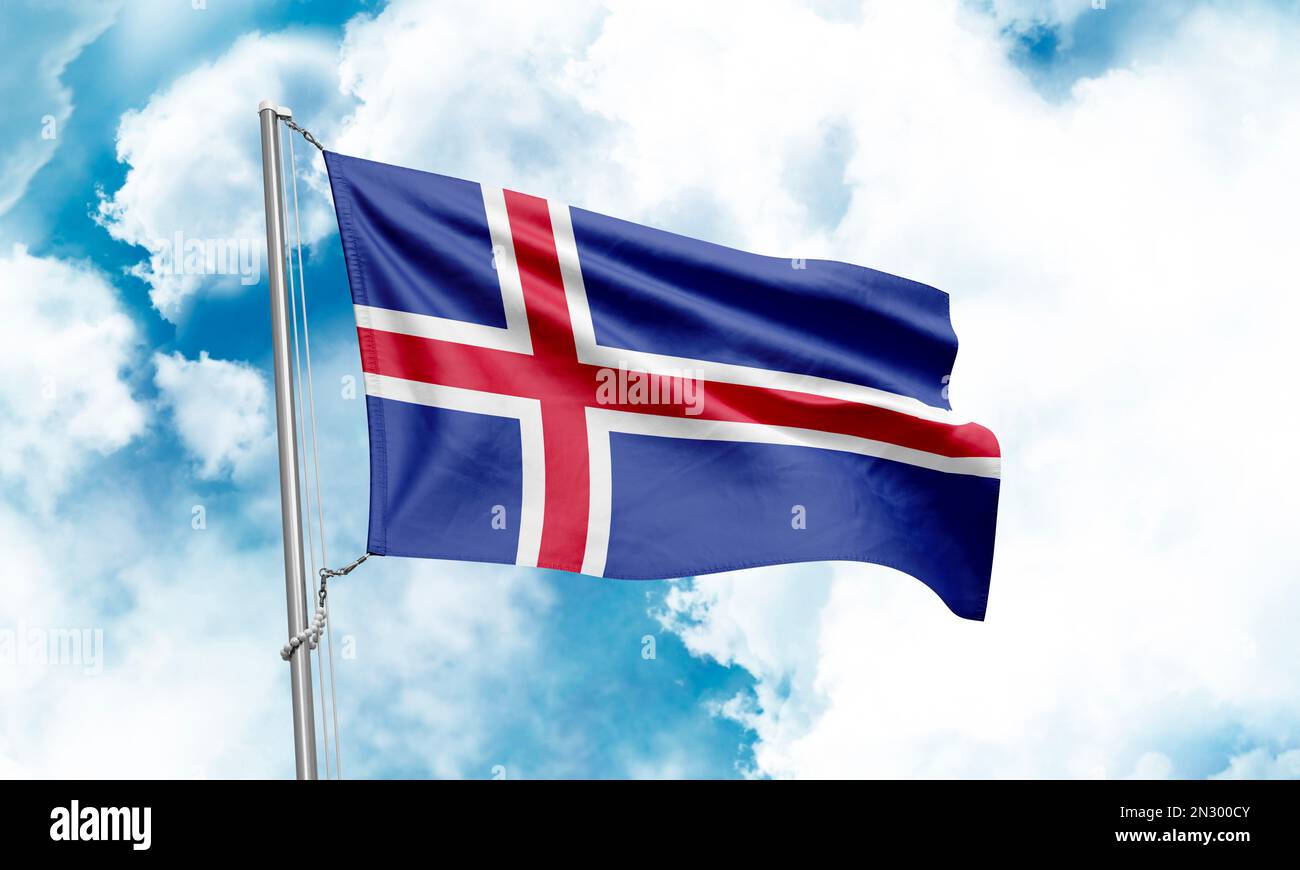Iceland flag waving on sky background. 3D Rendering Stock Photo - Alamy