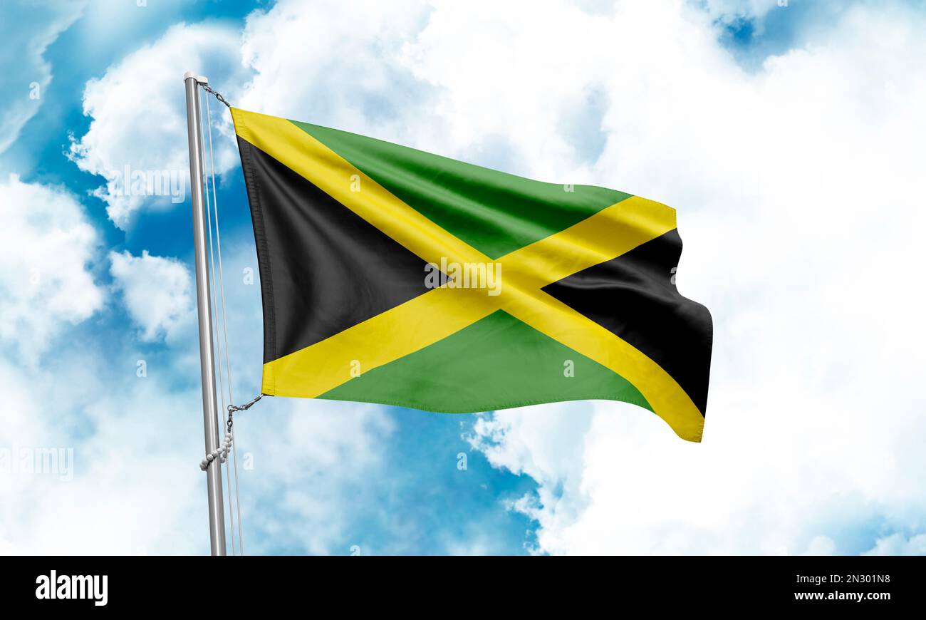 Jamaica flag waving on sky background. 3D Rendering Stock Photo - Alamy