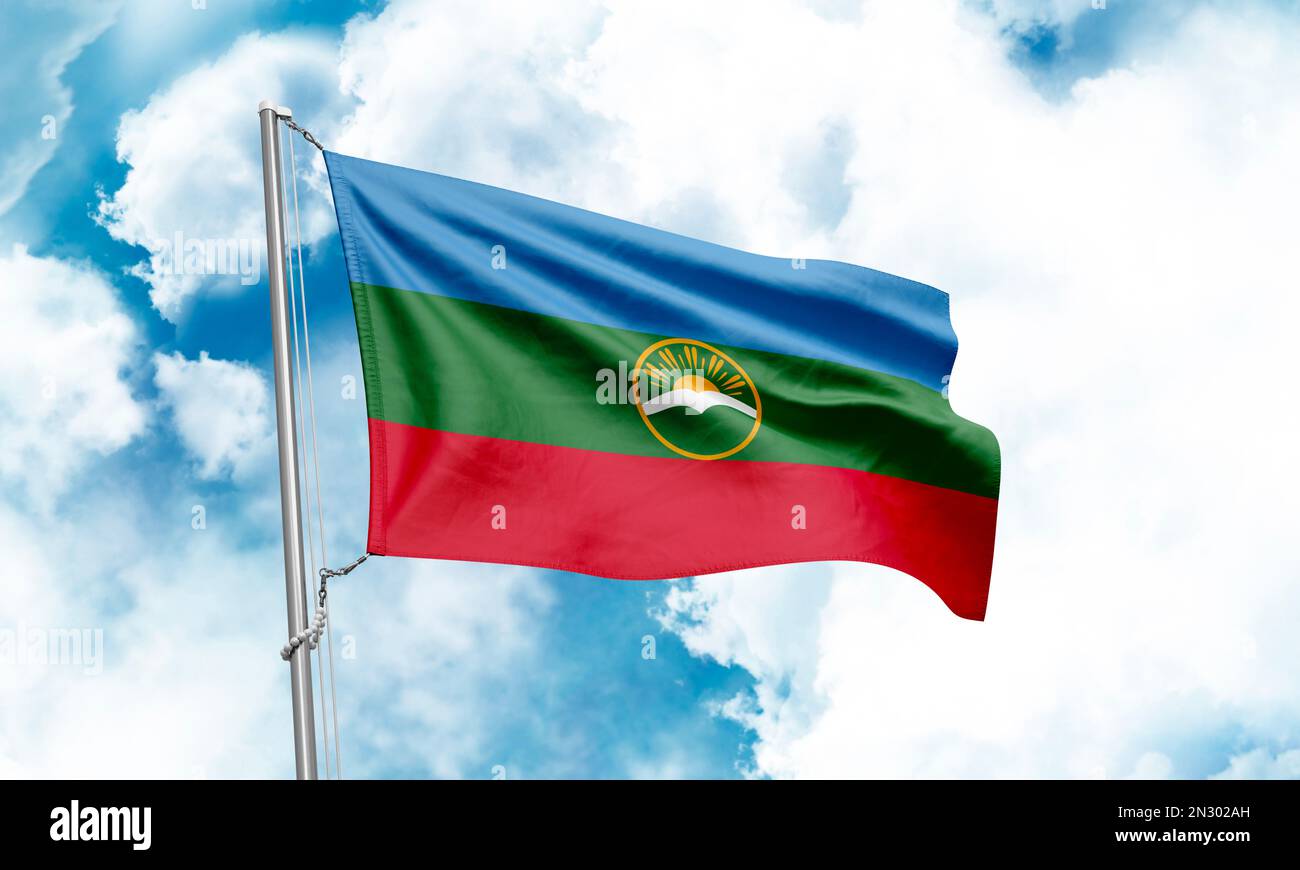 Karachay-Cherkessia flag waving on sky background. 3D Rendering Stock Photo
