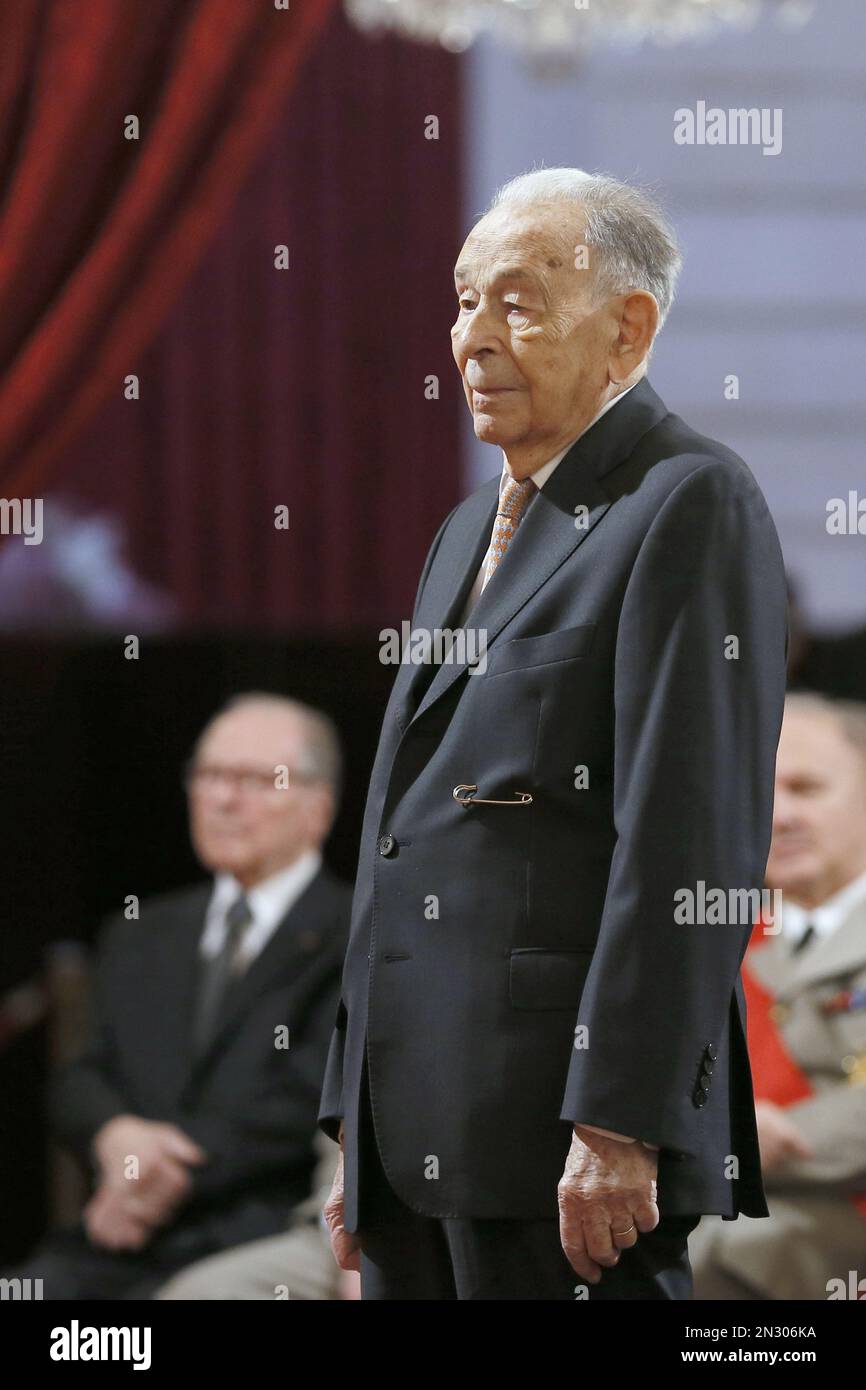 French historian and former Resistance fighter Jean-Louis Cremieux-Brilhac  waits before being awarded with the Great Cross of the Legion d'honneur  (French highest civil award) during a ceremony at the Elysee Palace in