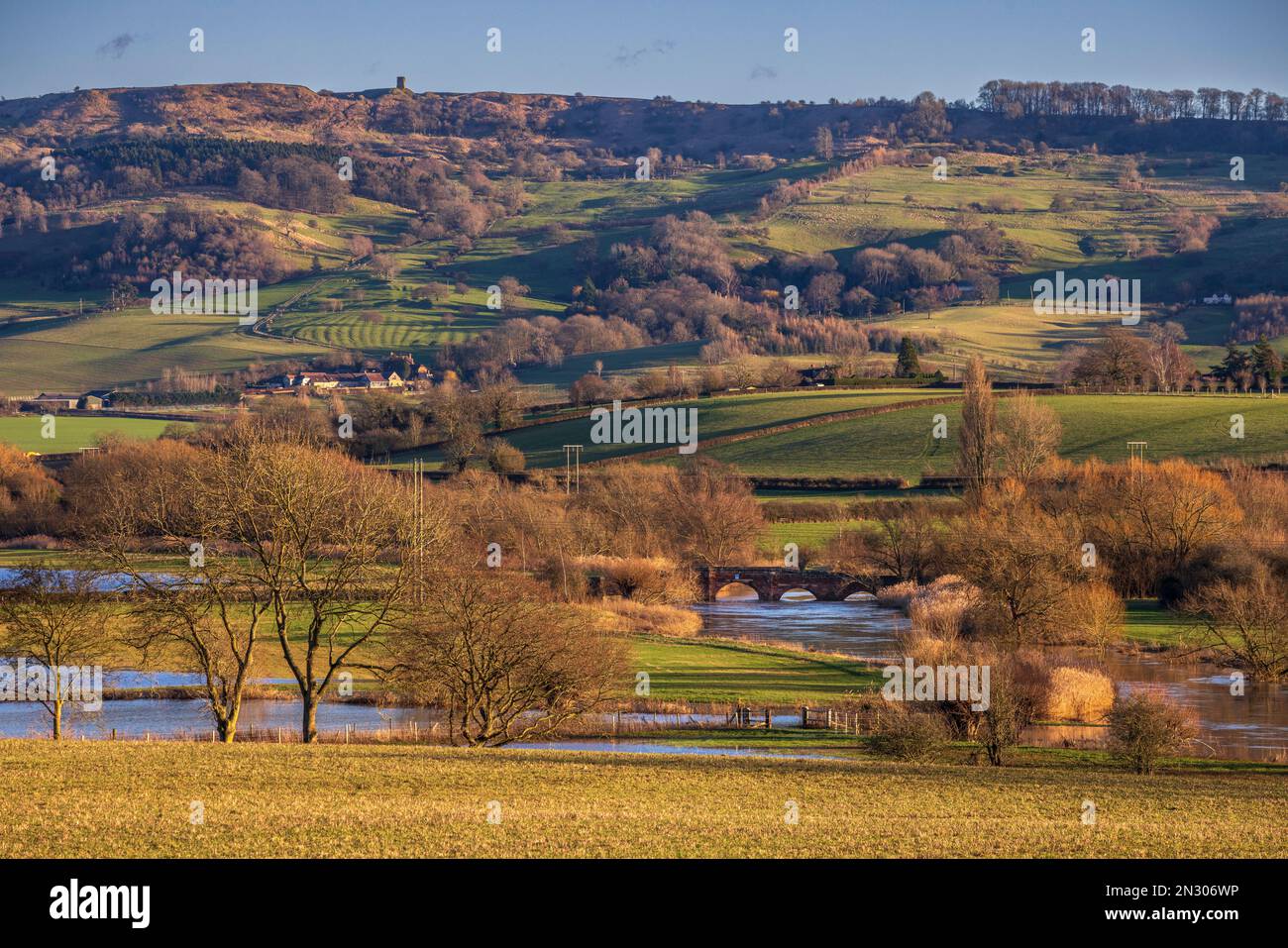 Bredon Hill Tower and Eckington Bridge over the River Avon in the