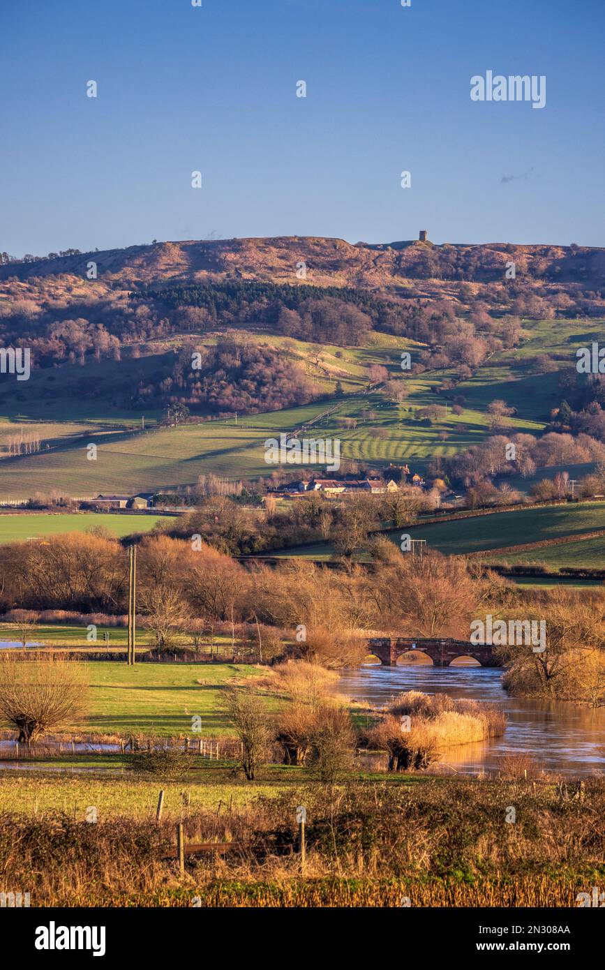 Bredon Hill Tower and Eckington Bridge over the River Avon in the
