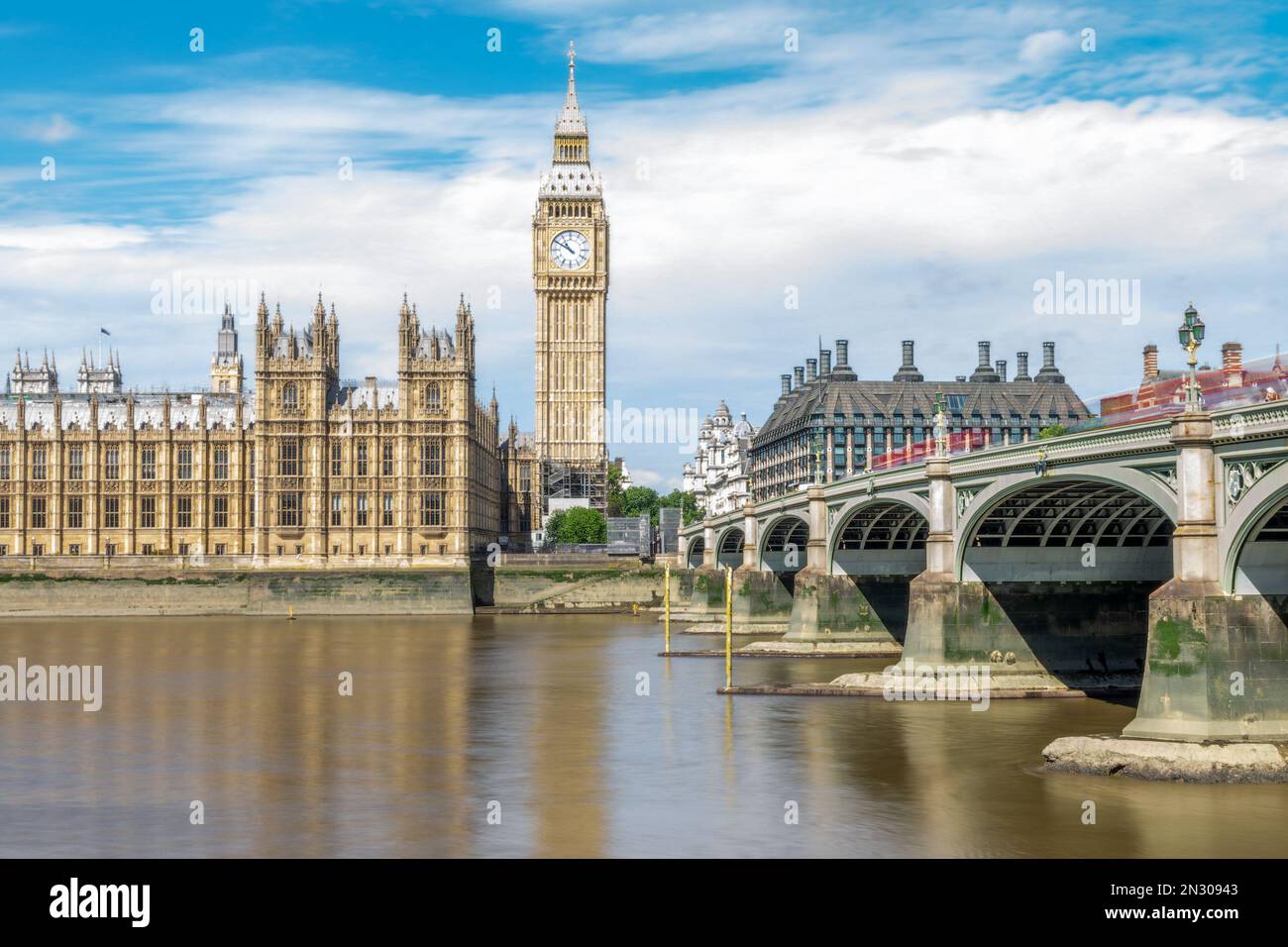 Westminster bridge and Big Ben in London, UK. Long exposure with motion blur. Stock Photo
