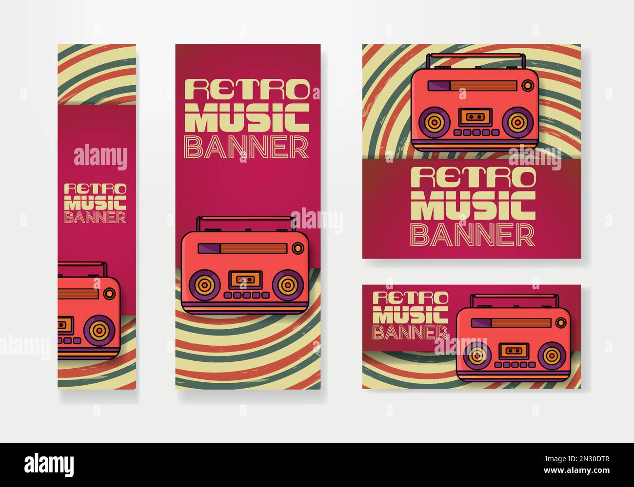 Retro music banner set. Retro background and retro red radio. Vector Vintage Music Background Stock Vector