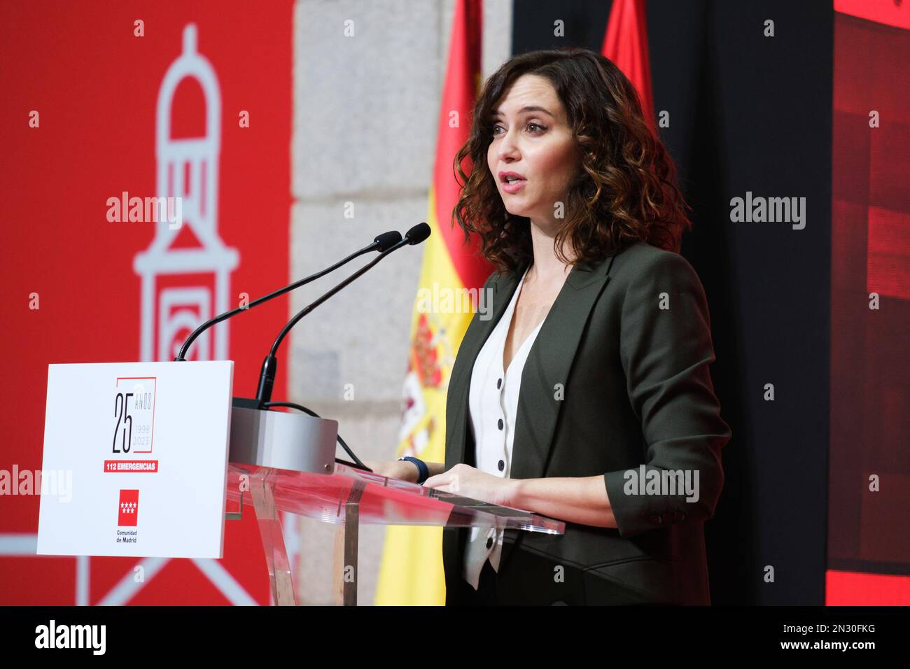 Madrid, Spain. 07th Feb, 2023. The president of the Community of Madrid, Isabel Diaz Ayuso seen during the ceremony to commemorate the 25th anniversary of the creation of the Madrid 112 Emergency Center, at the Real Casa de Correos in Madrid. The Madrid 112 Security and Emergency Agency is an instrument at the service of the citizens that allows integrating the response of the different organizations to risk situations that affect them, establishing a single emergency response system. Credit: SOPA Images Limited/Alamy Live News Stock Photo