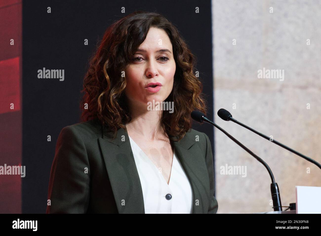 Madrid, Spain. 07th Feb, 2023. The president of the Community of Madrid, Isabel Diaz Ayuso seen during the ceremony to commemorate the 25th anniversary of the creation of the Madrid 112 Emergency Center, at the Real Casa de Correos in Madrid. The Madrid 112 Security and Emergency Agency is an instrument at the service of the citizens that allows integrating the response of the different organizations to risk situations that affect them, establishing a single emergency response system. Credit: SOPA Images Limited/Alamy Live News Stock Photo