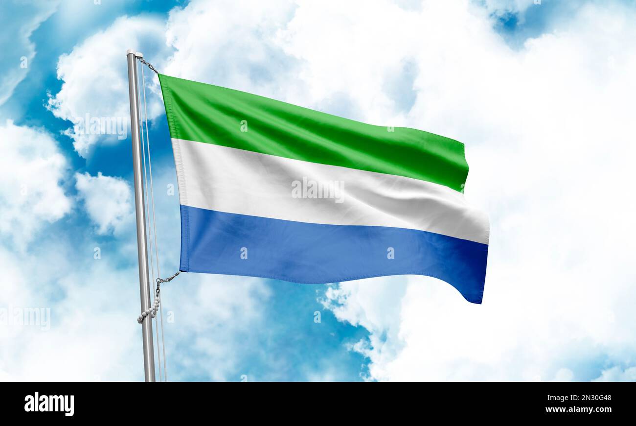Sierra Leone flag waving on sky background. 3D Rendering Stock Photo ...