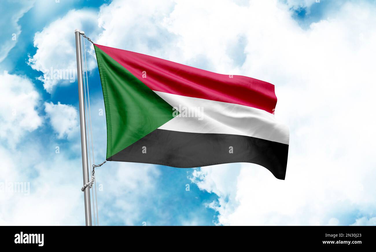 Sudan flag waving on sky background. 3D Rendering Stock Photo - Alamy