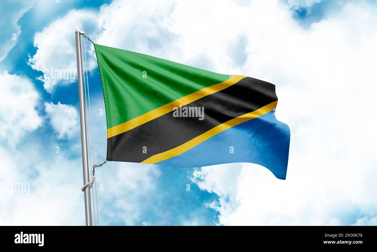 Tanzania flag waving on sky background. 3D Rendering Stock Photo - Alamy
