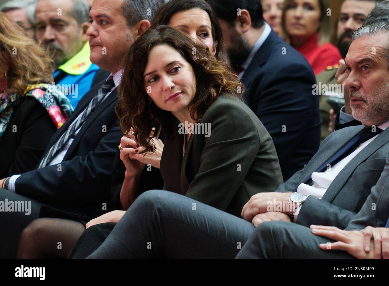 Madrid, Spain. 07th Feb, 2023. The president of the Community of Madrid, Isabel Diaz Ayuso seen during the ceremony to commemorate the 25th anniversary of the creation of the Madrid 112 Emergency Center, at the Real Casa de Correos in Madrid. The Madrid 112 Security and Emergency Agency is an instrument at the service of the citizens that allows integrating the response of the different organizations to risk situations that affect them, establishing a single emergency response system. (Photo by Atilano Garcia/SOPA Images/Sipa USA) Credit: Sipa USA/Alamy Live News Stock Photo