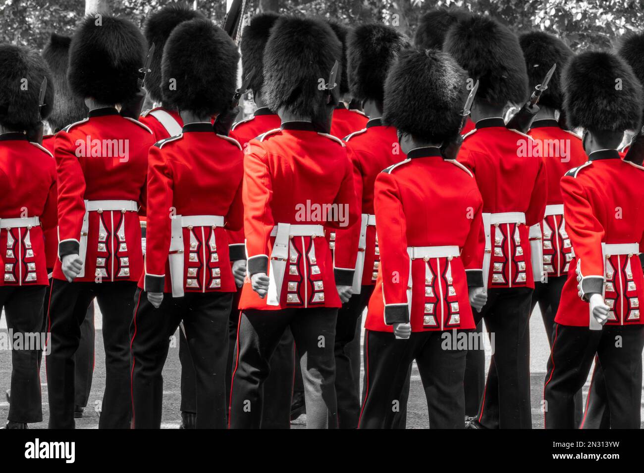Queen royal british guards in red uniforms during guards changing