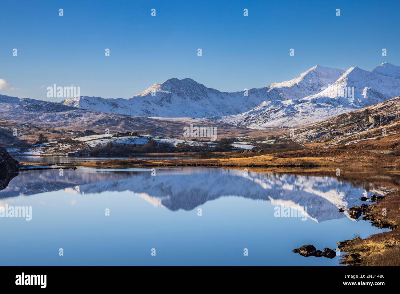 Snow covered Mount Snowdon reflected in Llynnau Mymbyr, Gwynedd, North Wales Stock Photo