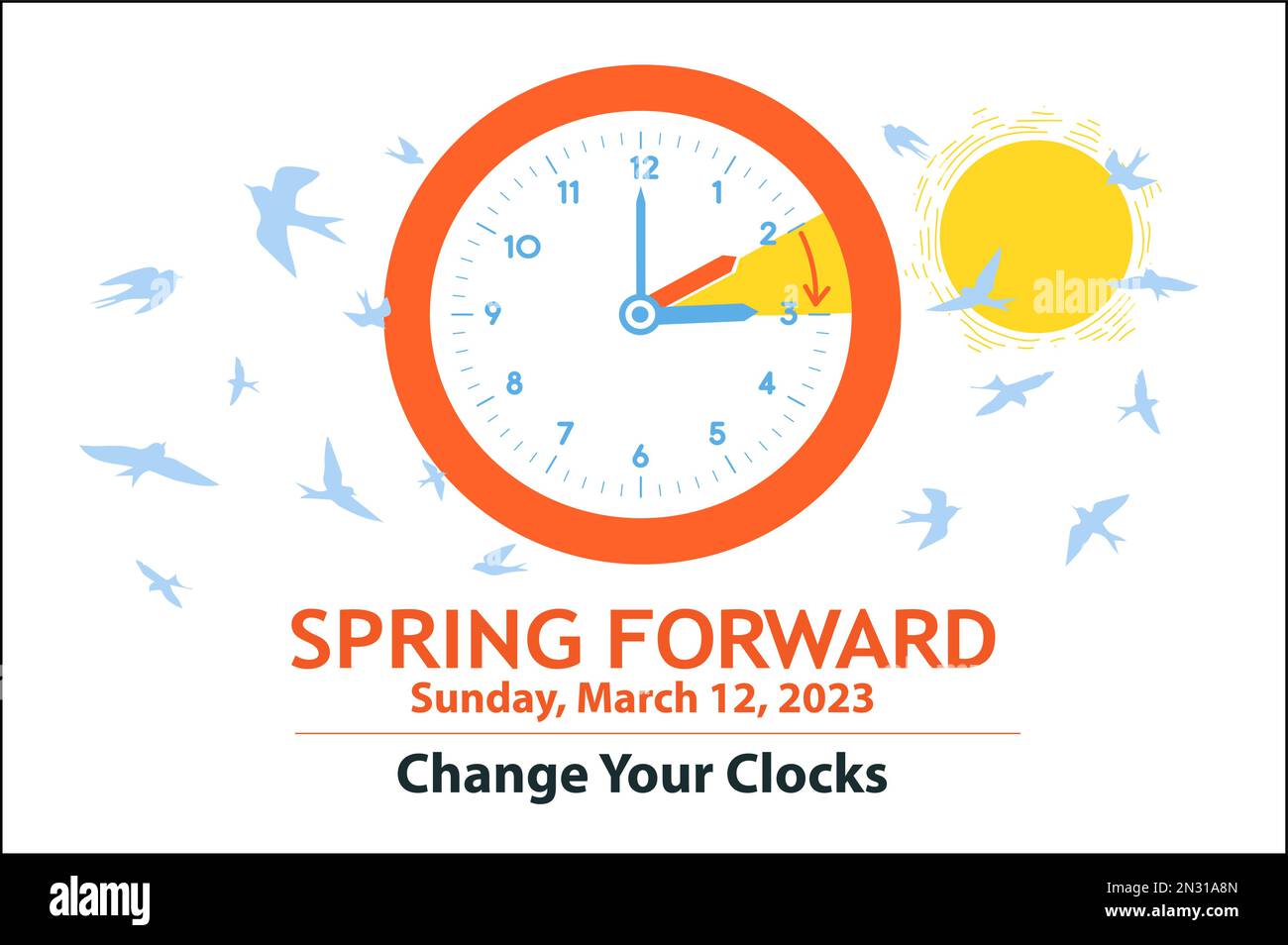 Spring Daylight Saving Time 2023. Banner reminder with changing