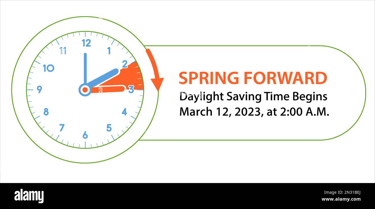 Spring Forward web banner. Daylight Saving Time schedule in graphic style. Clock change one hour