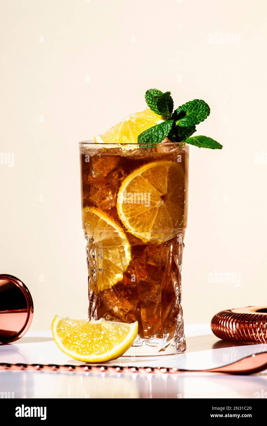 Long Island ice tea cocktail with vodka, rum, tequila, gin, liquor