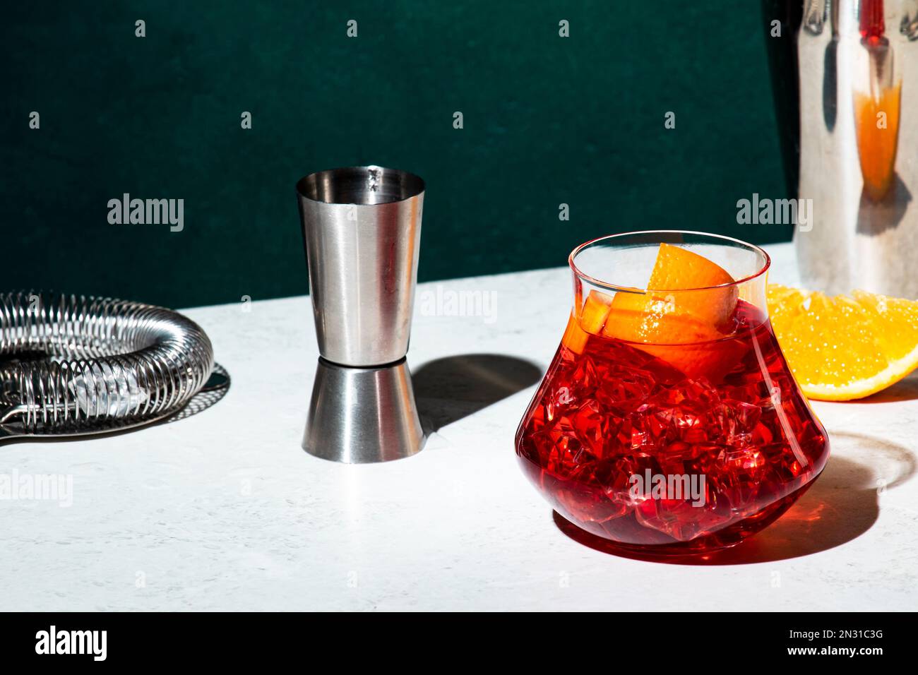 Boulevardier alcoholic cocktail with bourbon, vermouth, bitters, orange