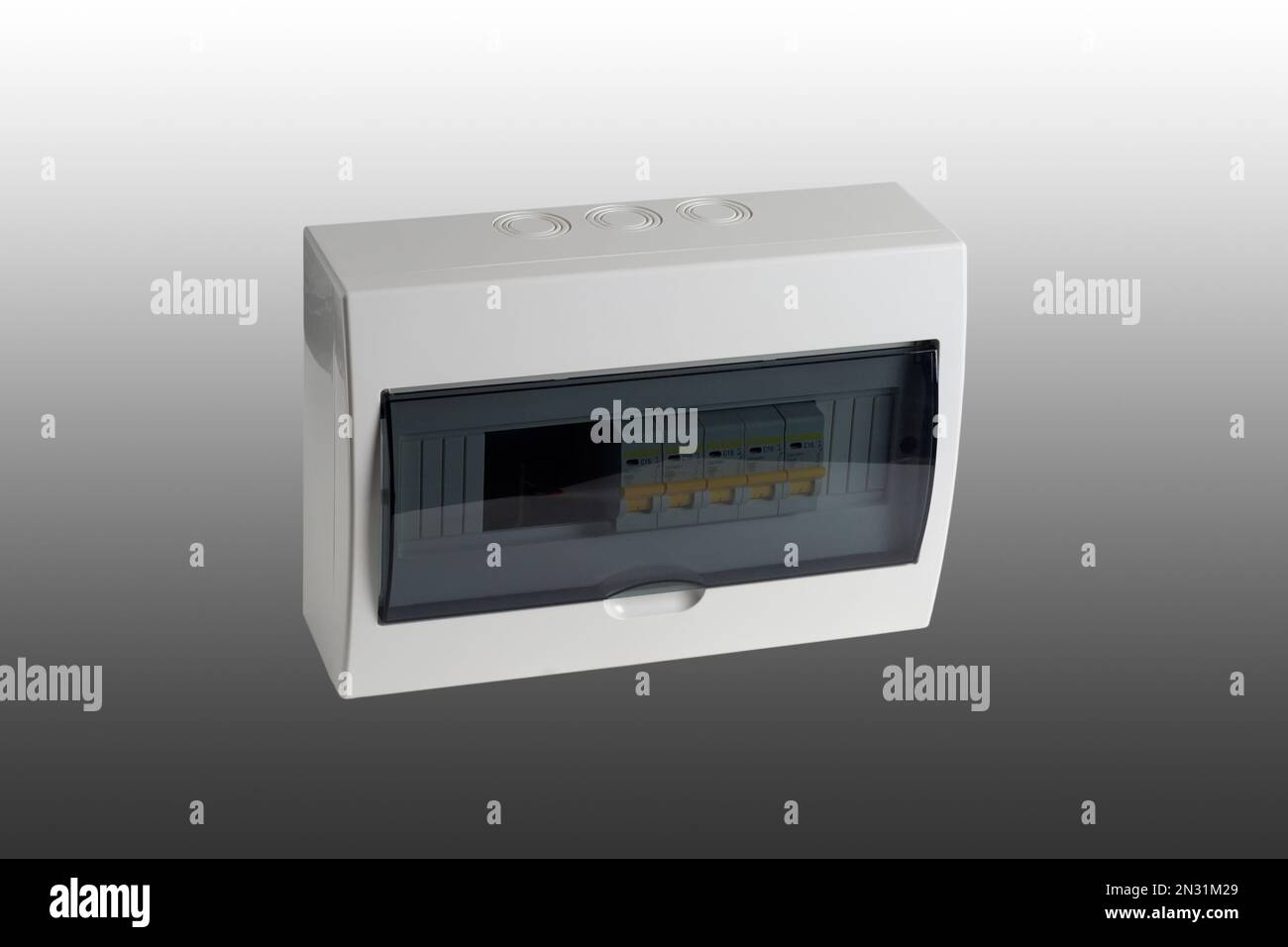 Plastic distribution board. Electrical board. Closeup. Isolated on