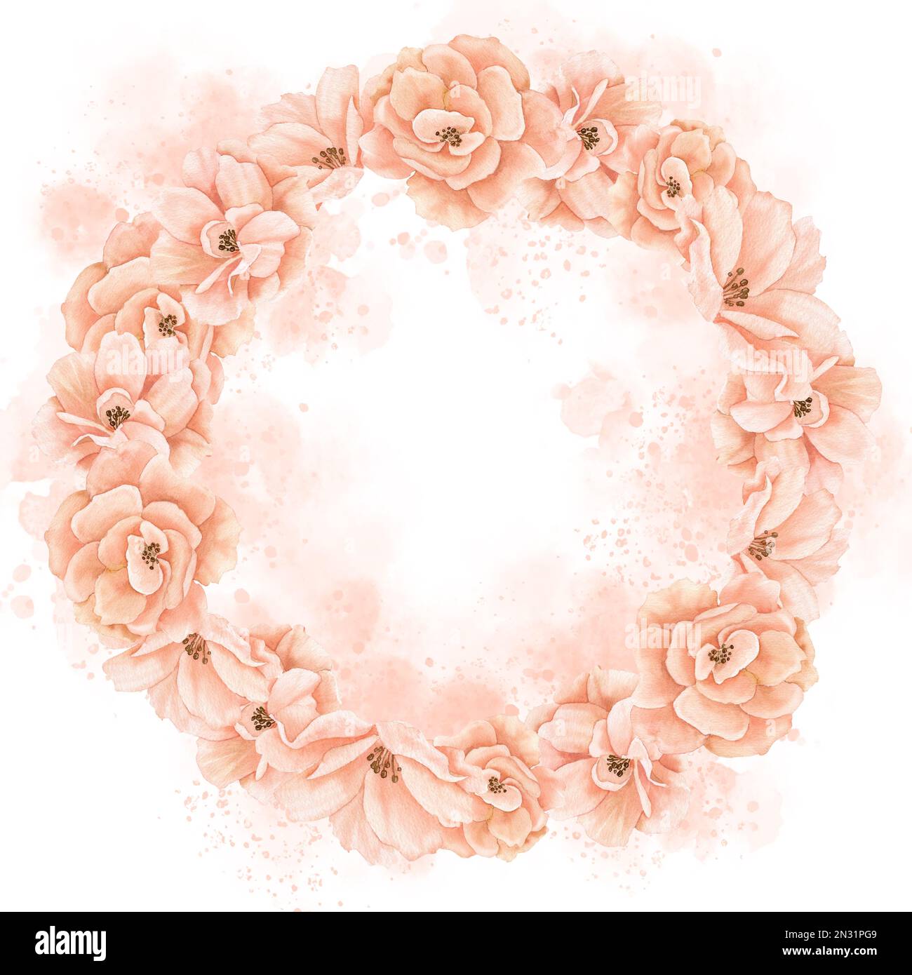 Floral Wreath with pink Roses and watercolor splashes. Hand drawn