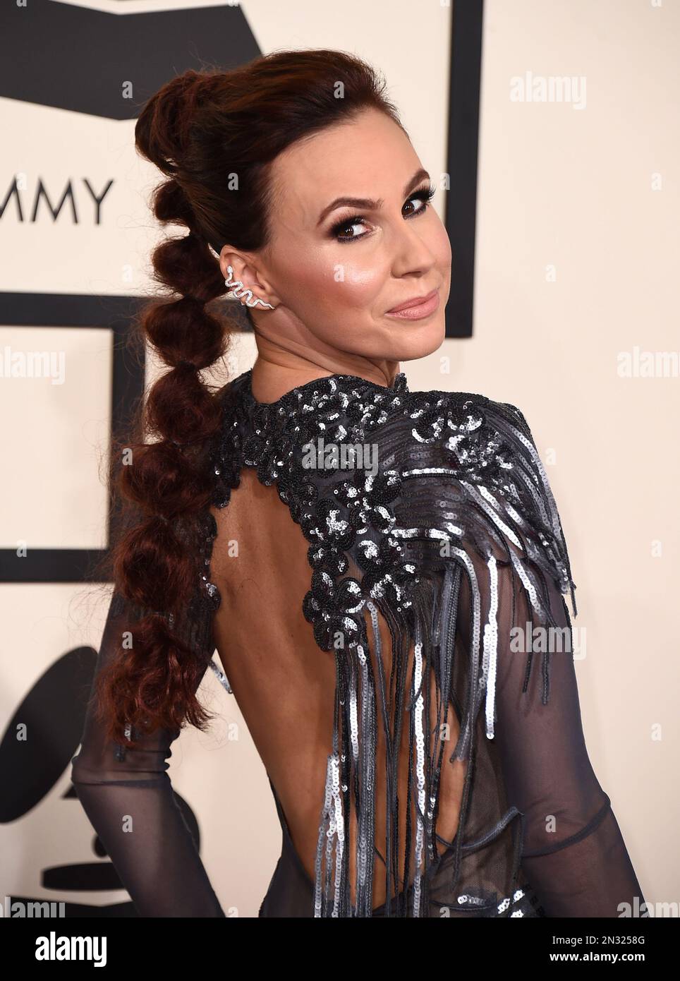 Keltie Knight arrives at the 57th annual Grammy Awards at the Staples
