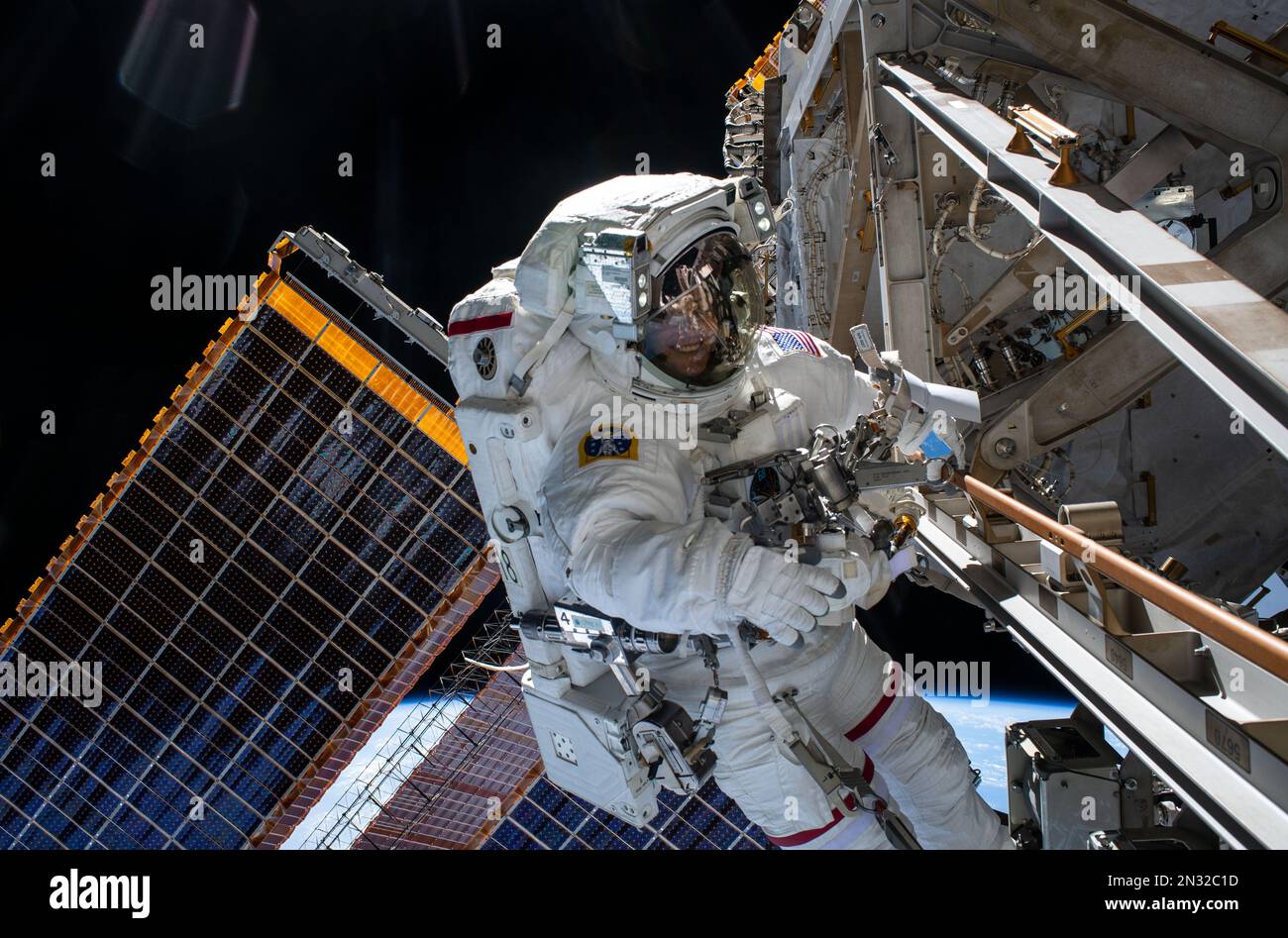 ISS - 02 February 2023 - NASA astronaut and Expedition 68 Flight Engineer Nicole Mann is pictured in her Extravehicular Mobility Unit, or spacesuit, d Stock Photo
