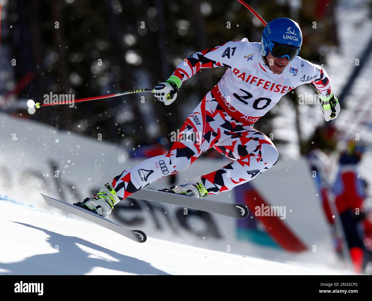 Austria's Matthias Mayer races down the course during the men's downhill competition at the