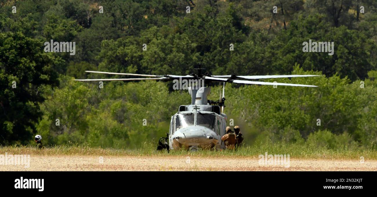 13th Marine Expeditionary Unit helicopters in a military training exercise on dirt airstrip, Fort Hunter Liggett, CA. Stock Photo