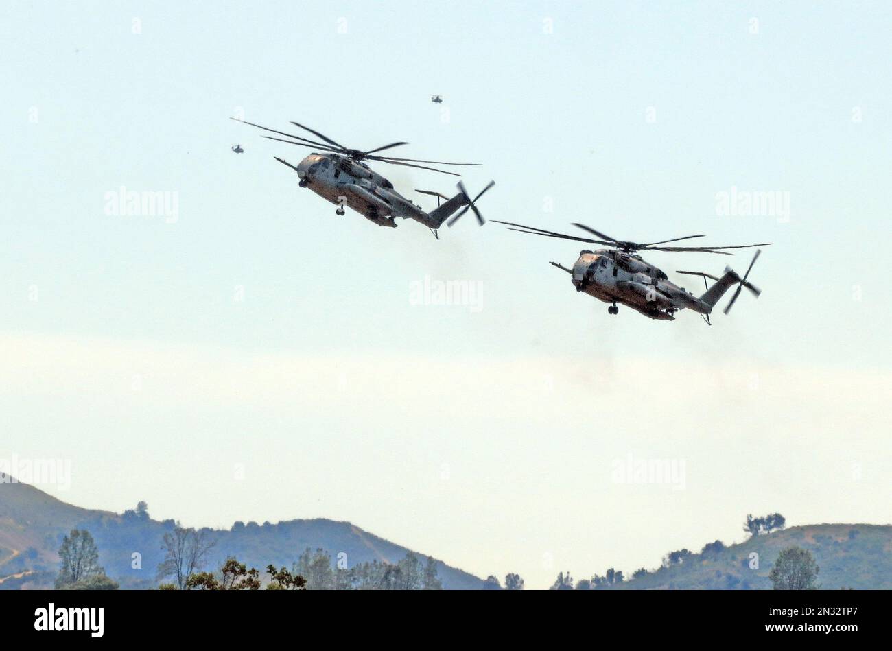 13th Marine Expeditionary Unit helicopters in a military training exercise on dirt airstrip, Fort Hunter Liggett, CA. Stock Photo