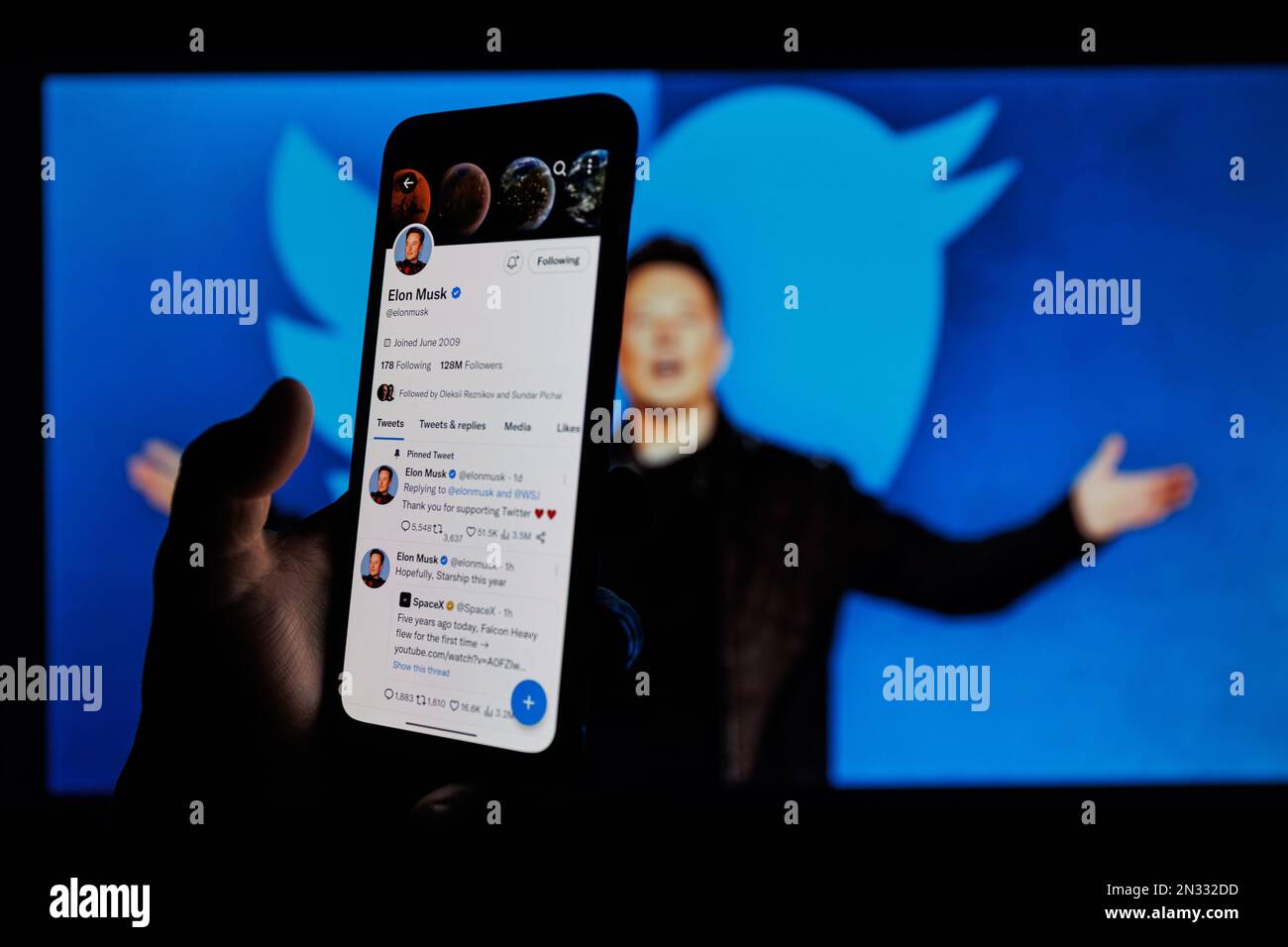 Vilnius, Lithuania - 2023 February 6: Elon Musk twitter account on