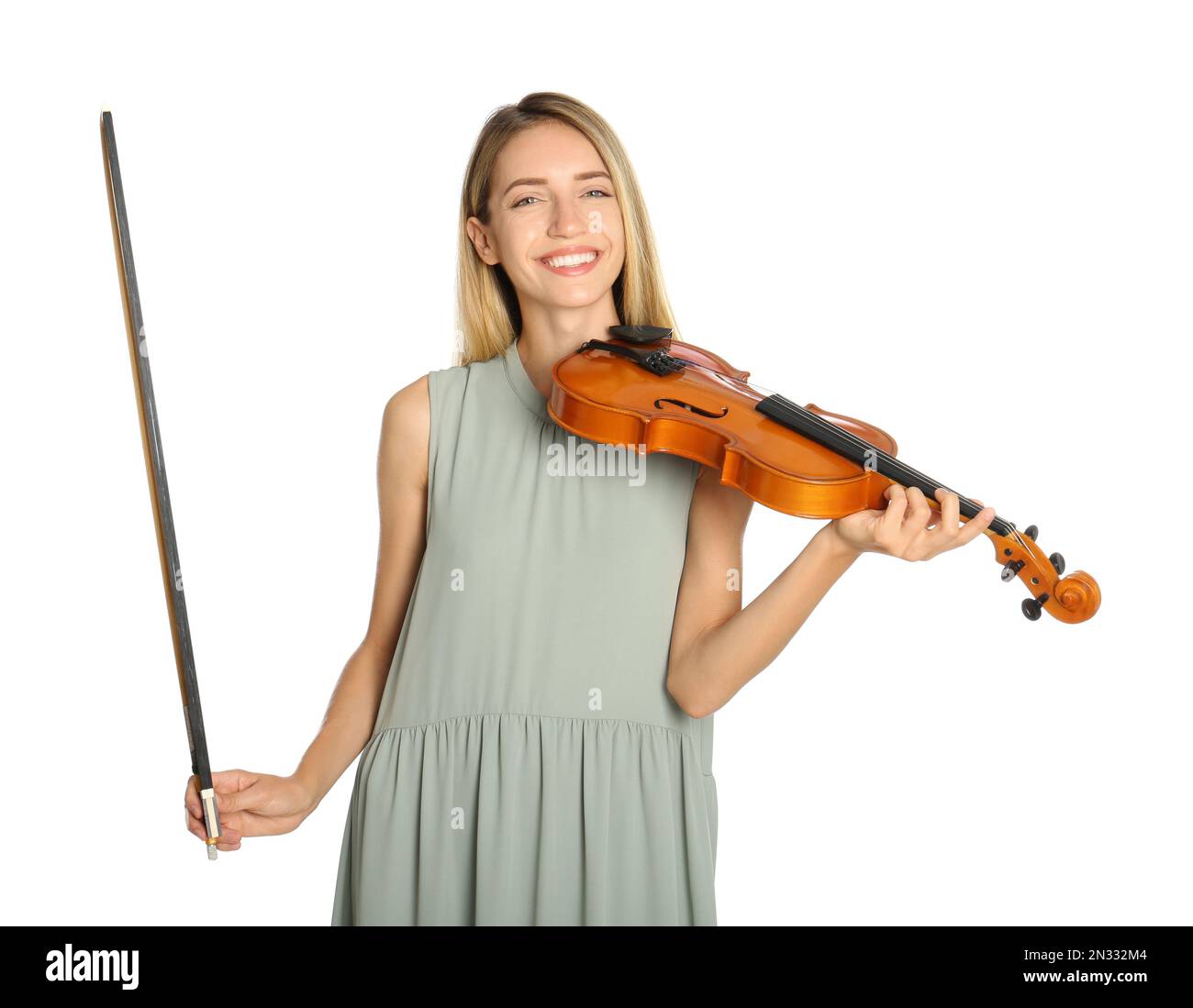 Beautiful woman with violin on white background Stock Photo - Alamy
