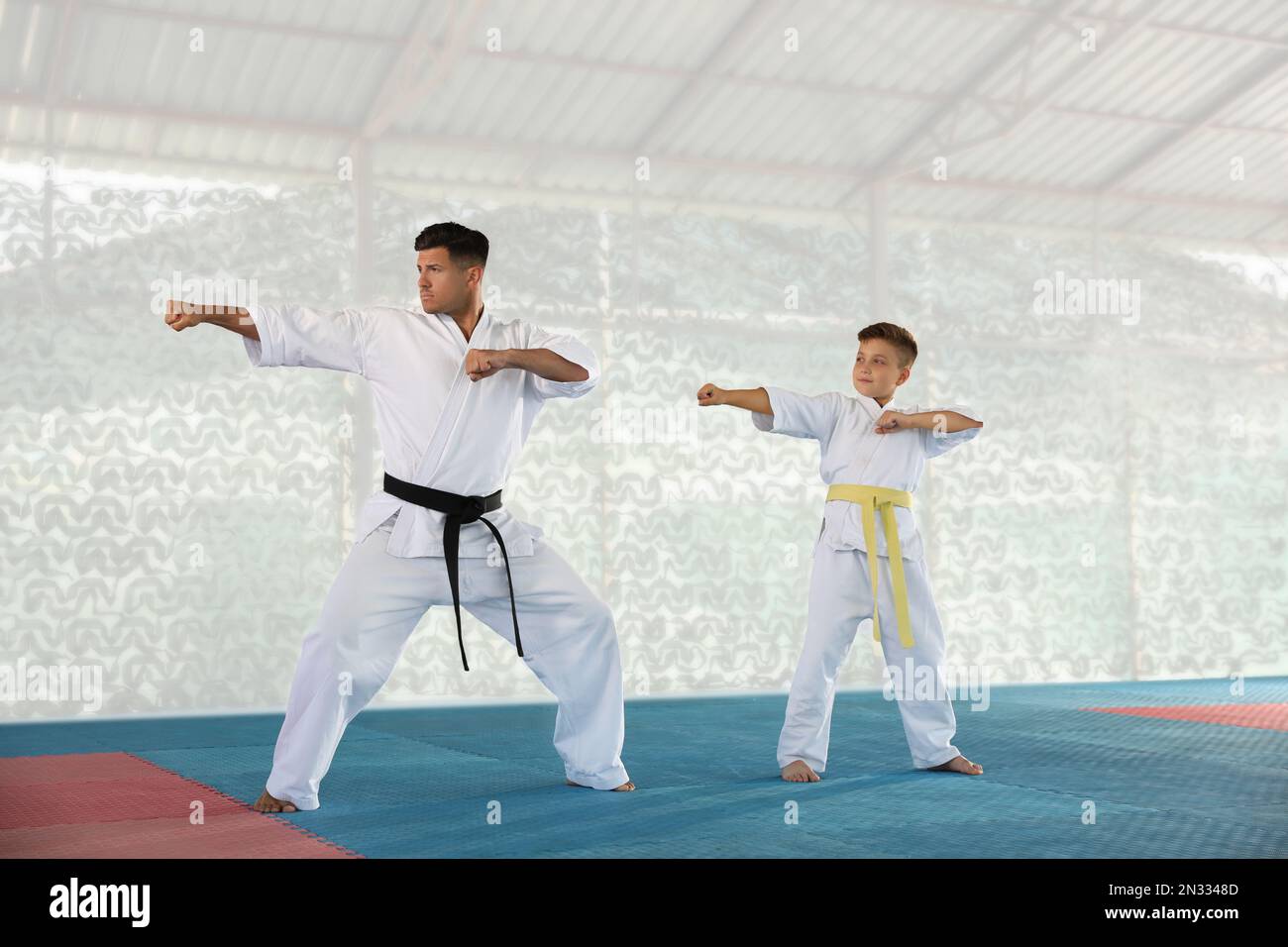 Boy and coach practicing karate at gym Stock Photo Alamy