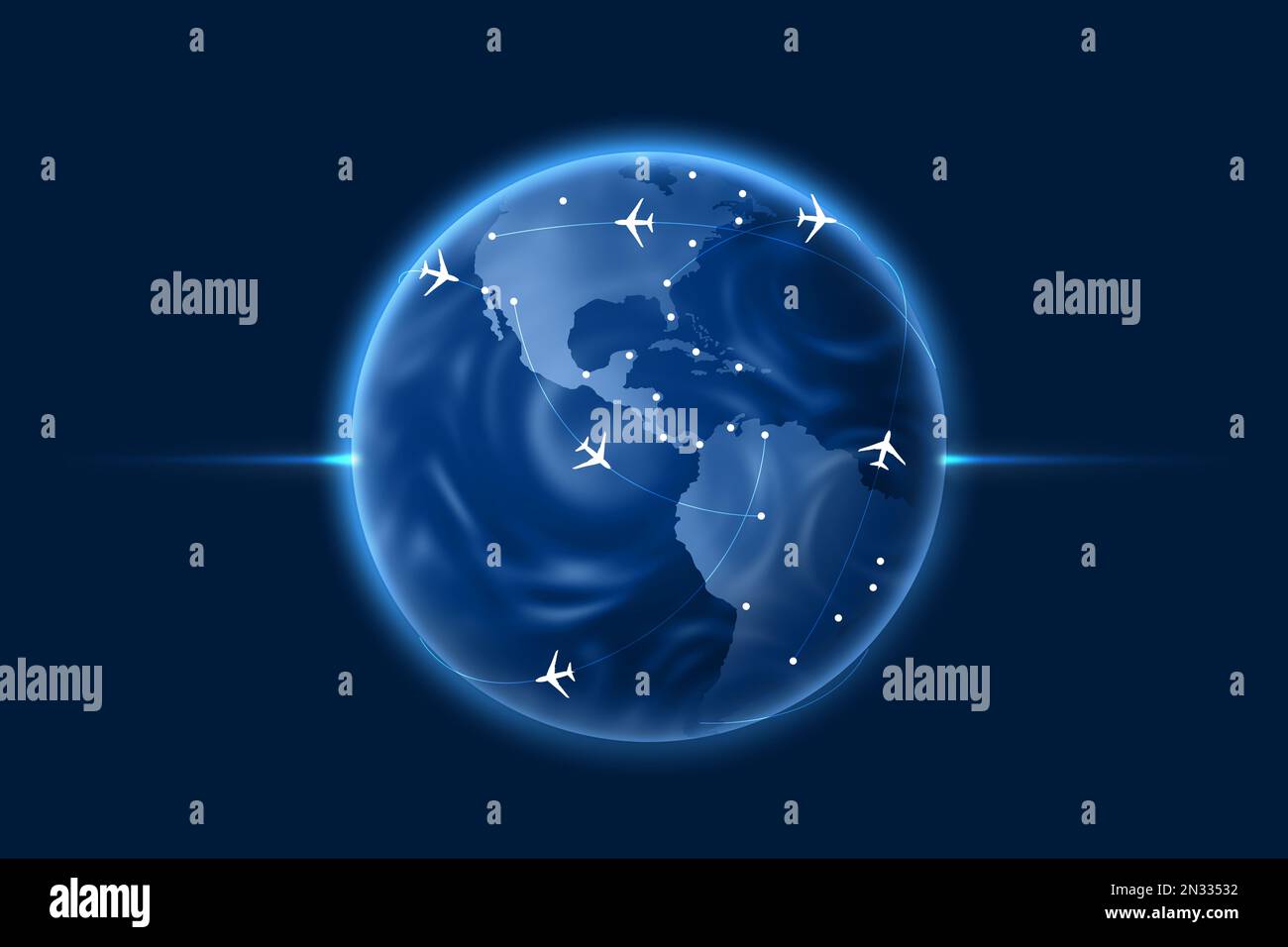 World globe with flight routs, airplanes and destinations on blue background, illustration Stock Photo