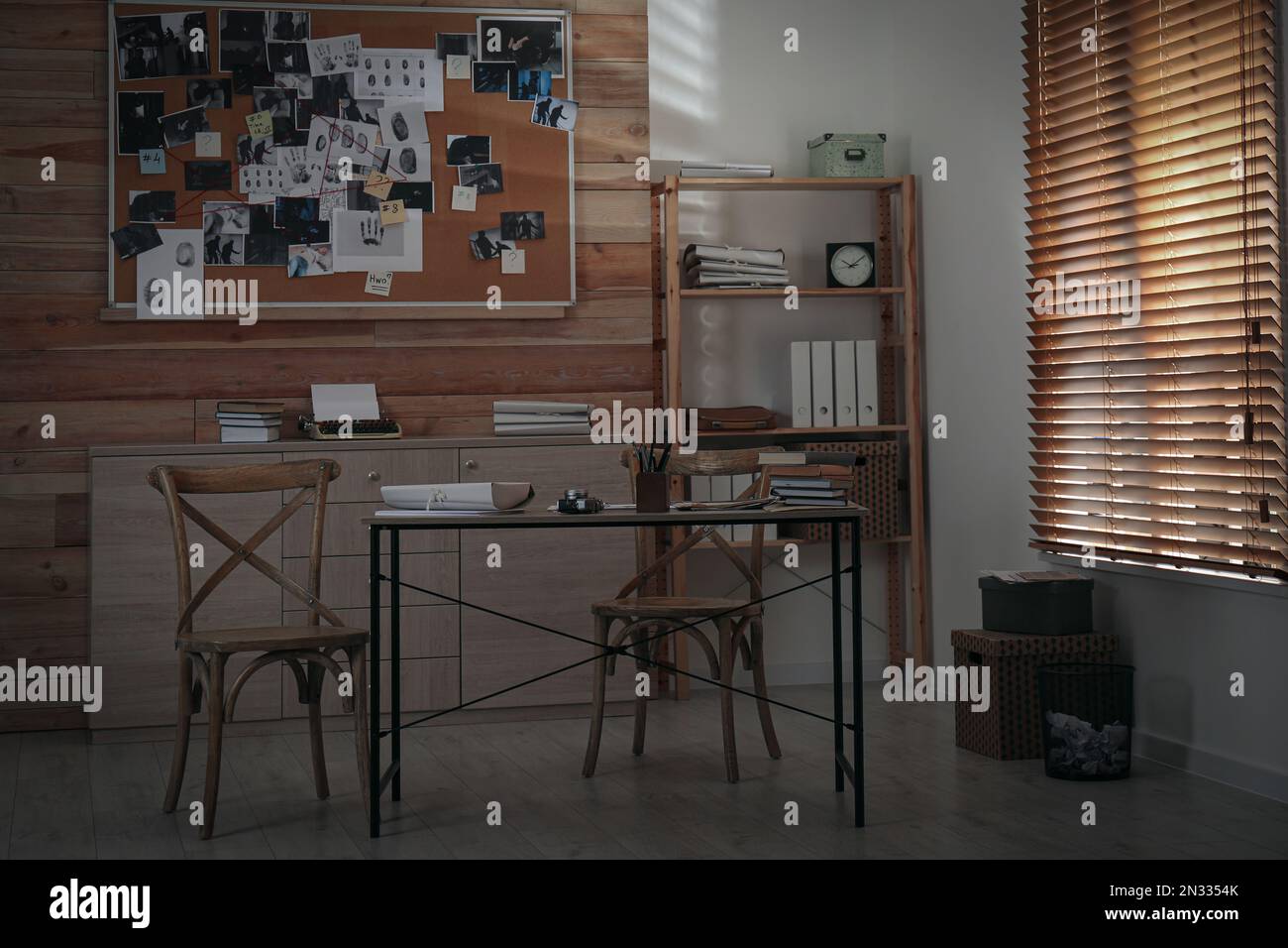 Detective office interior with evidence board on wall Stock Photo - Alamy