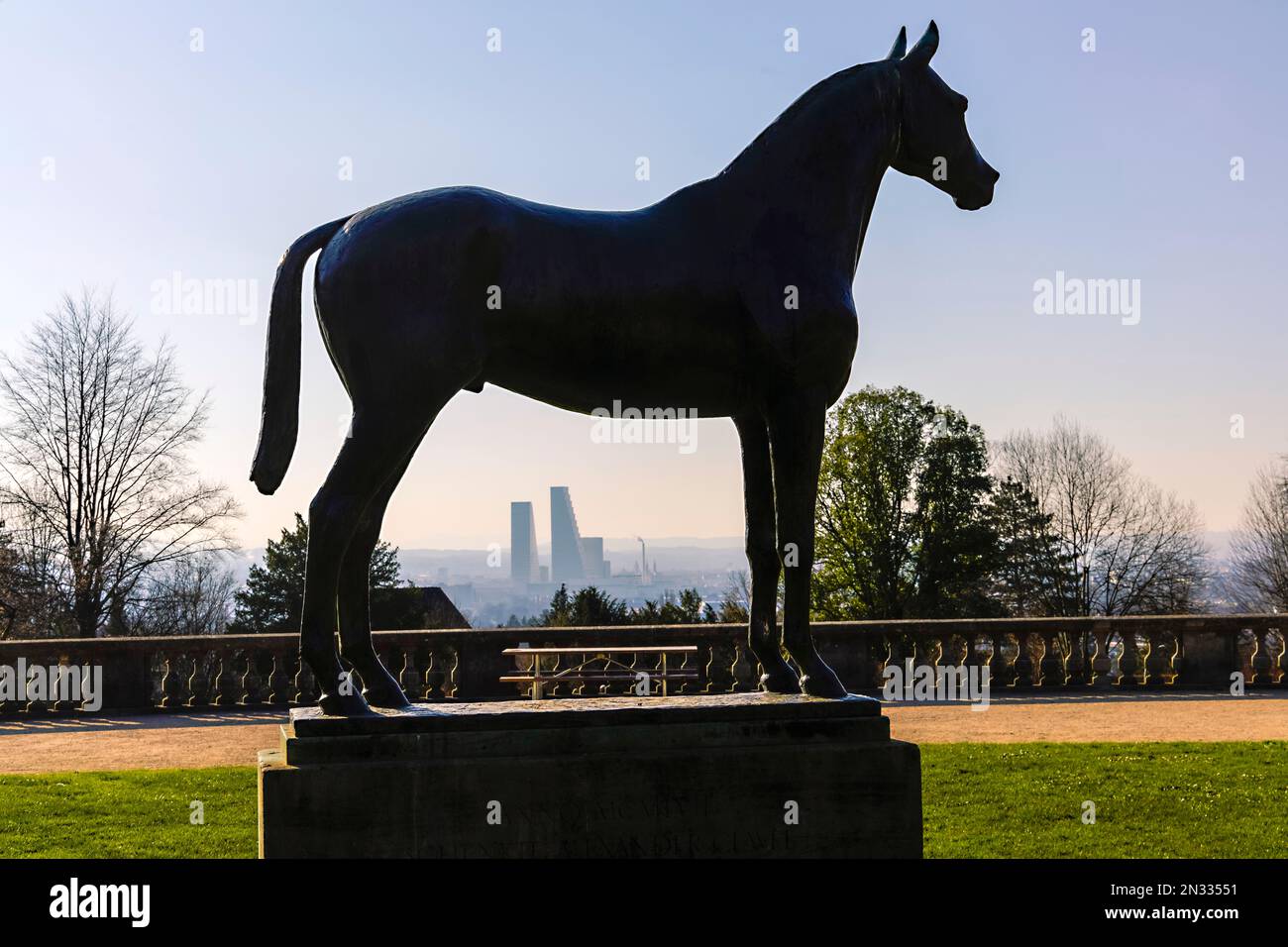 Wenkenhof in Riehen. Large horse statue and panoramic view of Basel and Alsace from Wenkenpark, Canton Basel-Stadt, Switzerland. Stock Photo