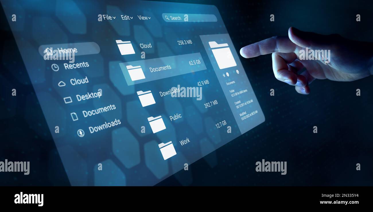 Document management system with file explorer window on virtual screen. Data storage and organization. Process management. Digital transformation tech Stock Photo