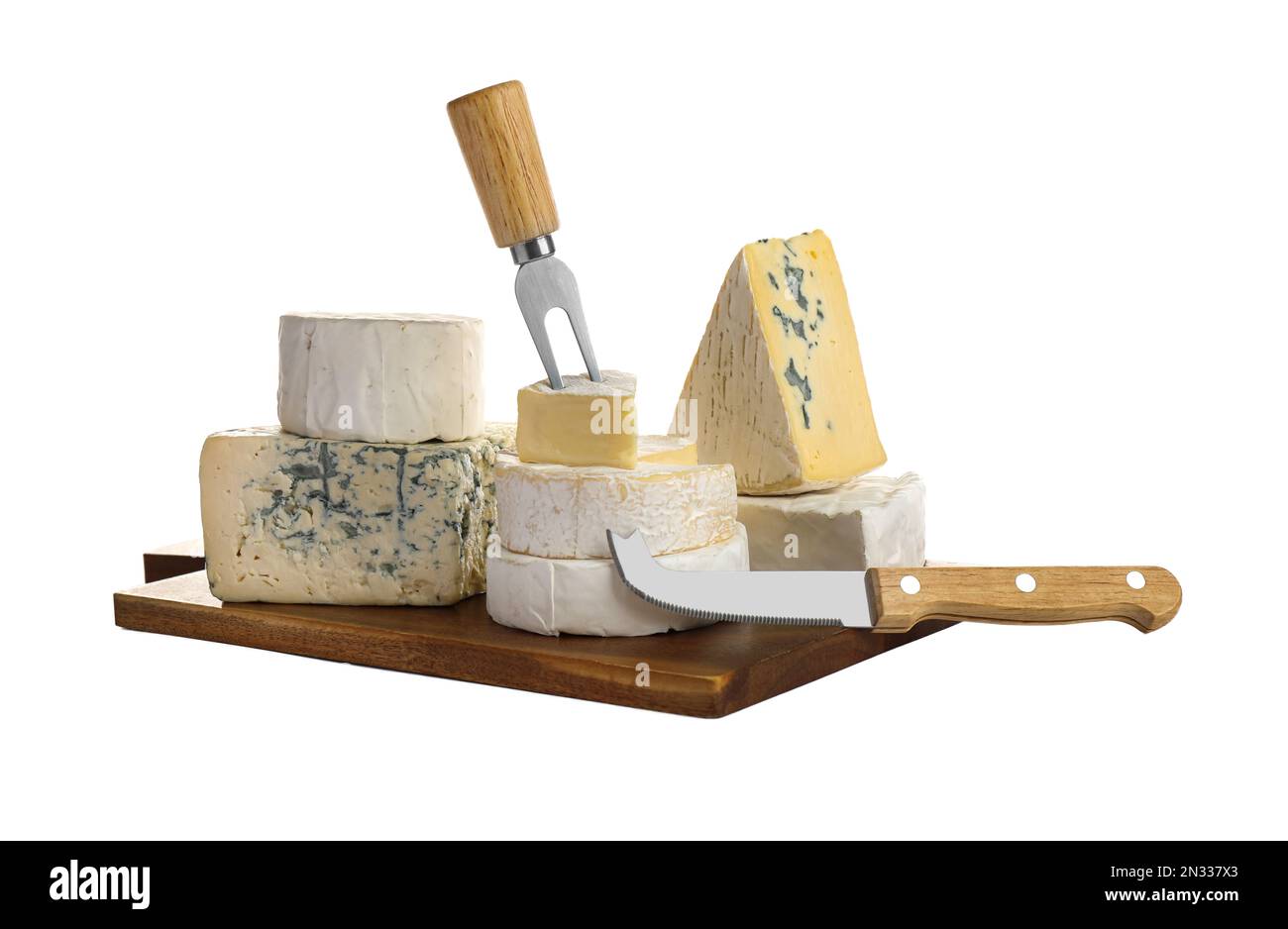 Different types of cheese, knife and fork on white background Stock